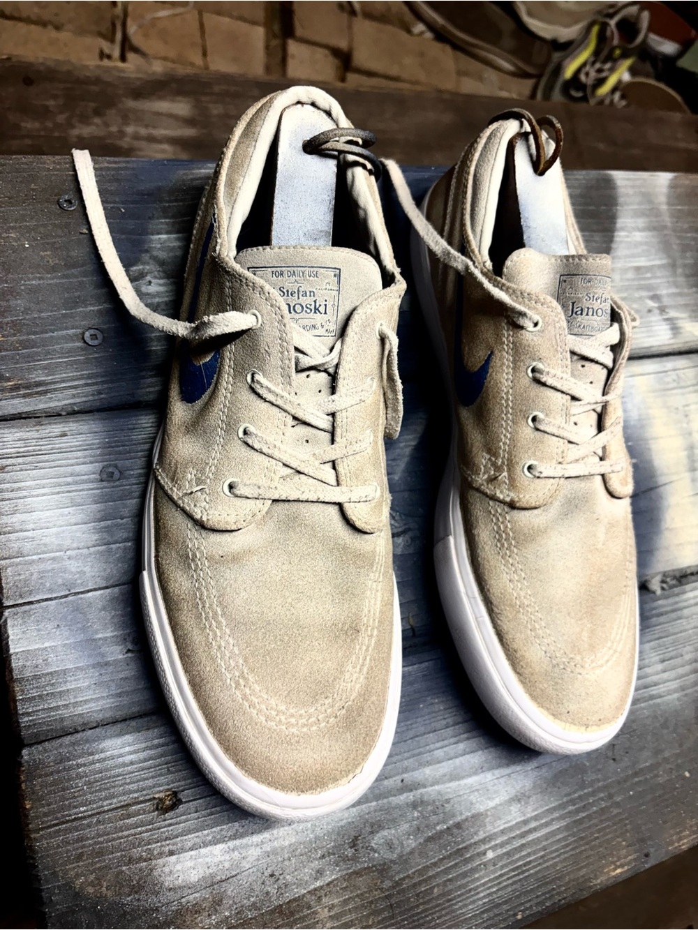 Nike Men’s Stefan Janoski Suede Sneakers in Beige with Blue Swoosh
